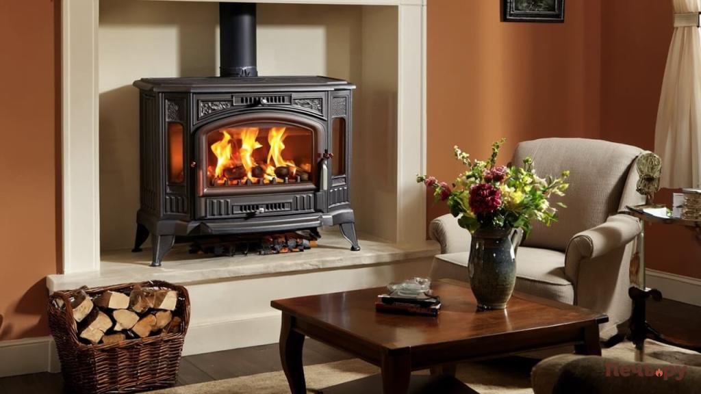 Gen4 печь встроена в нишу в стене в комнате отдыха рядом стоит кресло кофейный столик ваза 19750491 (1).jpg